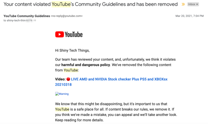 Your content violated YouTube’s Community Guidelines and has been removed